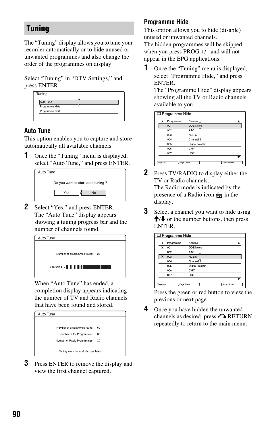 Tuning | Sony RDR-HXD562 User Manual | Page 90 / 120