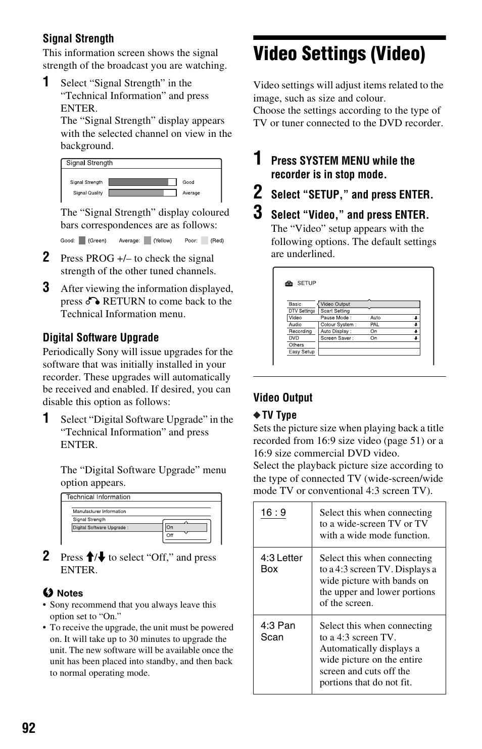 Video settings (video) | Sony RDR-HXD562 User Manual | Page 92 / 120