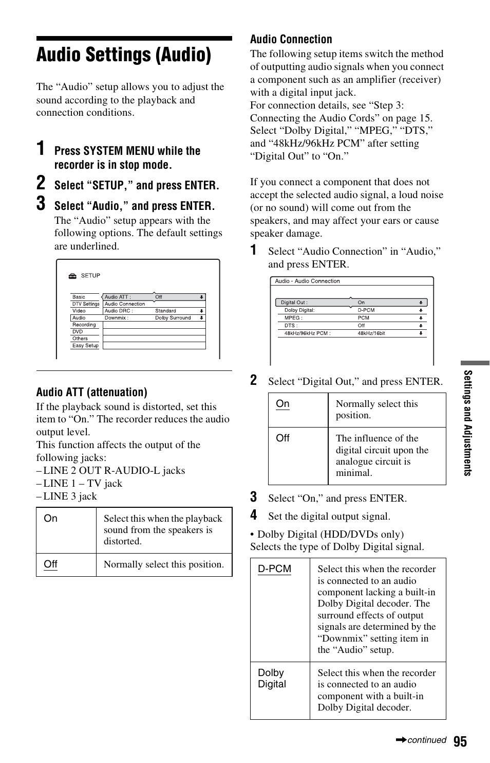 Audio settings (audio) | Sony RDR-HXD562 User Manual | Page 95 / 120