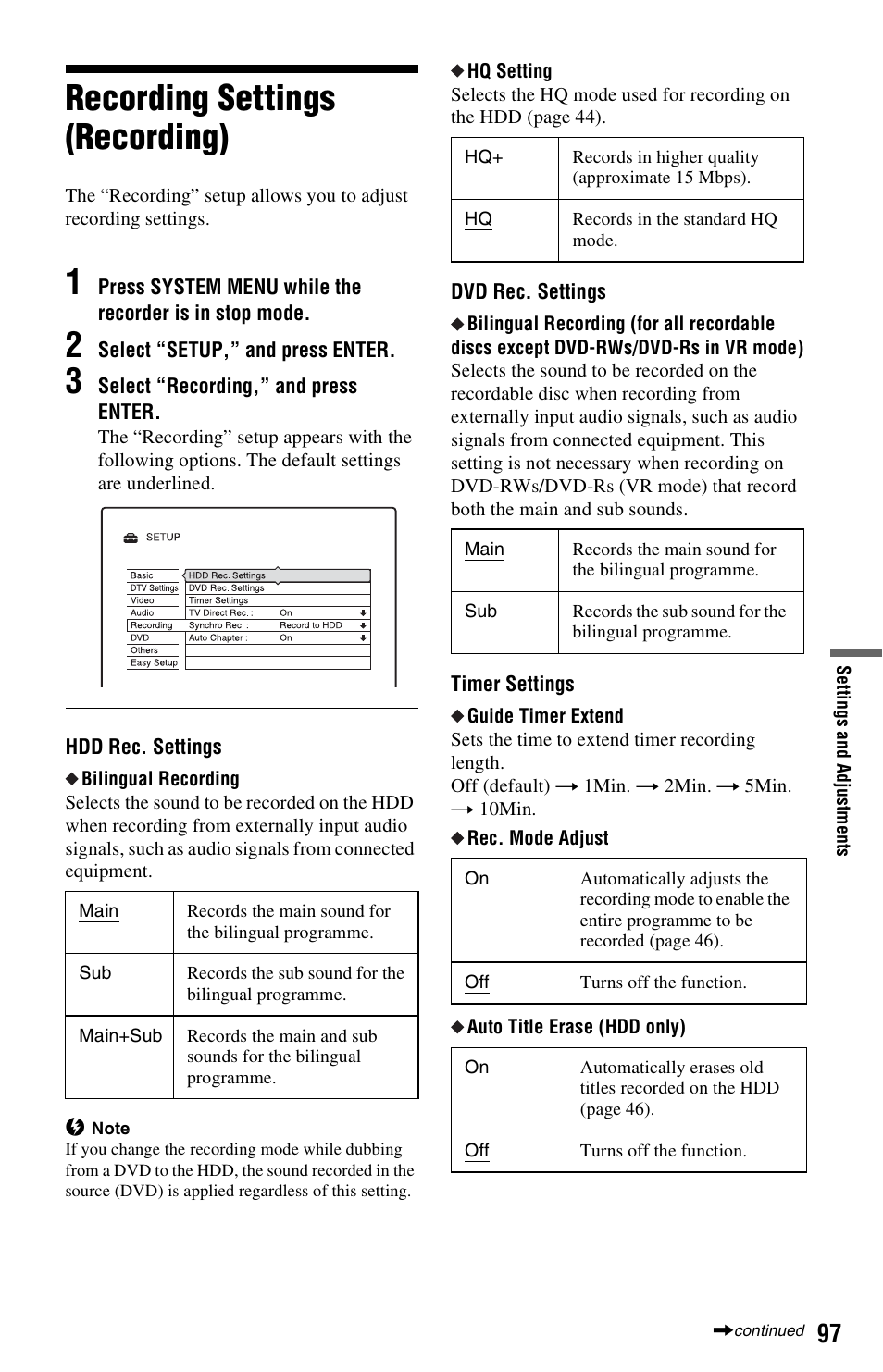 Recording settings (recording) | Sony RDR-HXD562 User Manual | Page 97 / 120