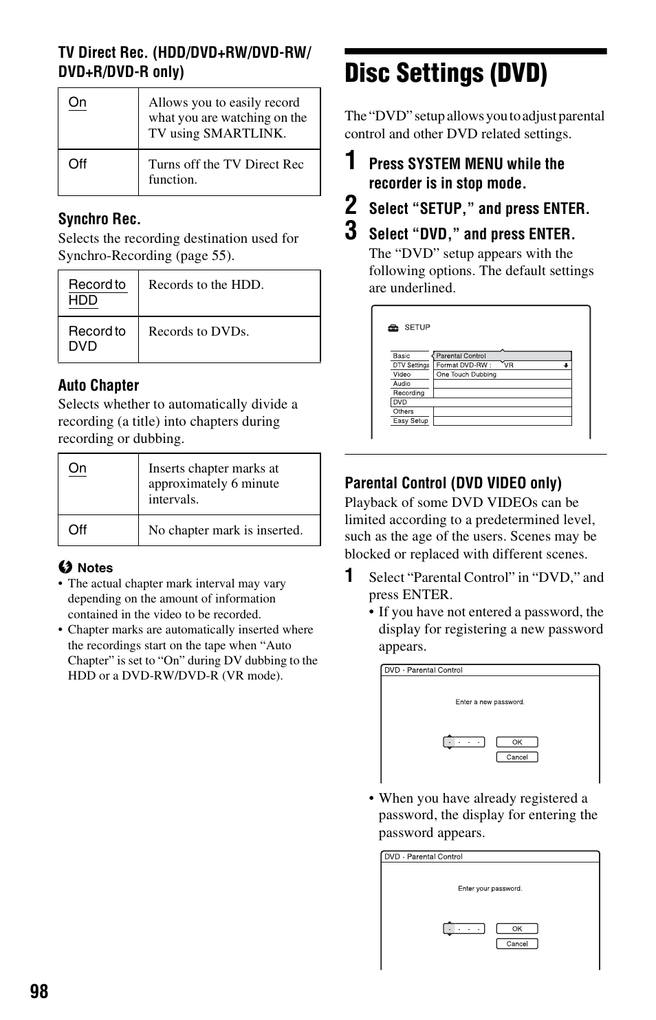 Disc settings (dvd) | Sony RDR-HXD562 User Manual | Page 98 / 120