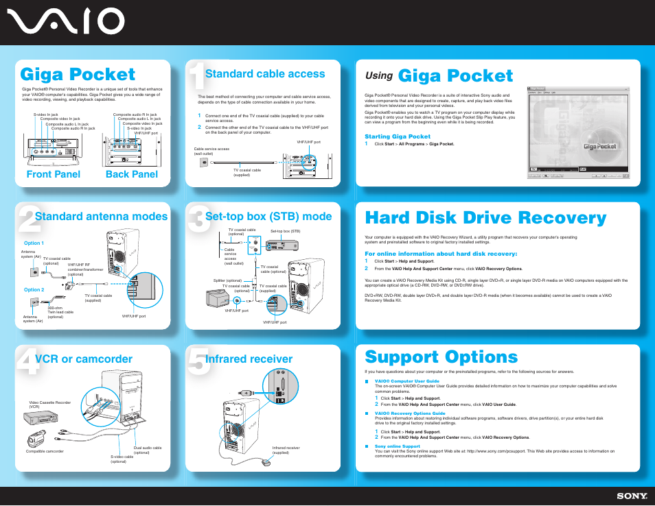 Giga pocket, Hard disk drive recovery, Support options | Vhf/uhf out, Back panel, Using, S400, Front panel | Sony VAIO PCV-RS700 User Manual | Page 2 / 2