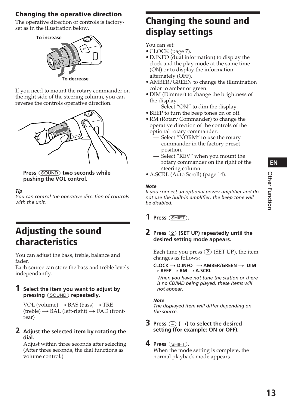 Adjusting the sound characteristics, Changing the sound and display settings | Sony CDX-C580 User Manual | Page 13 / 28