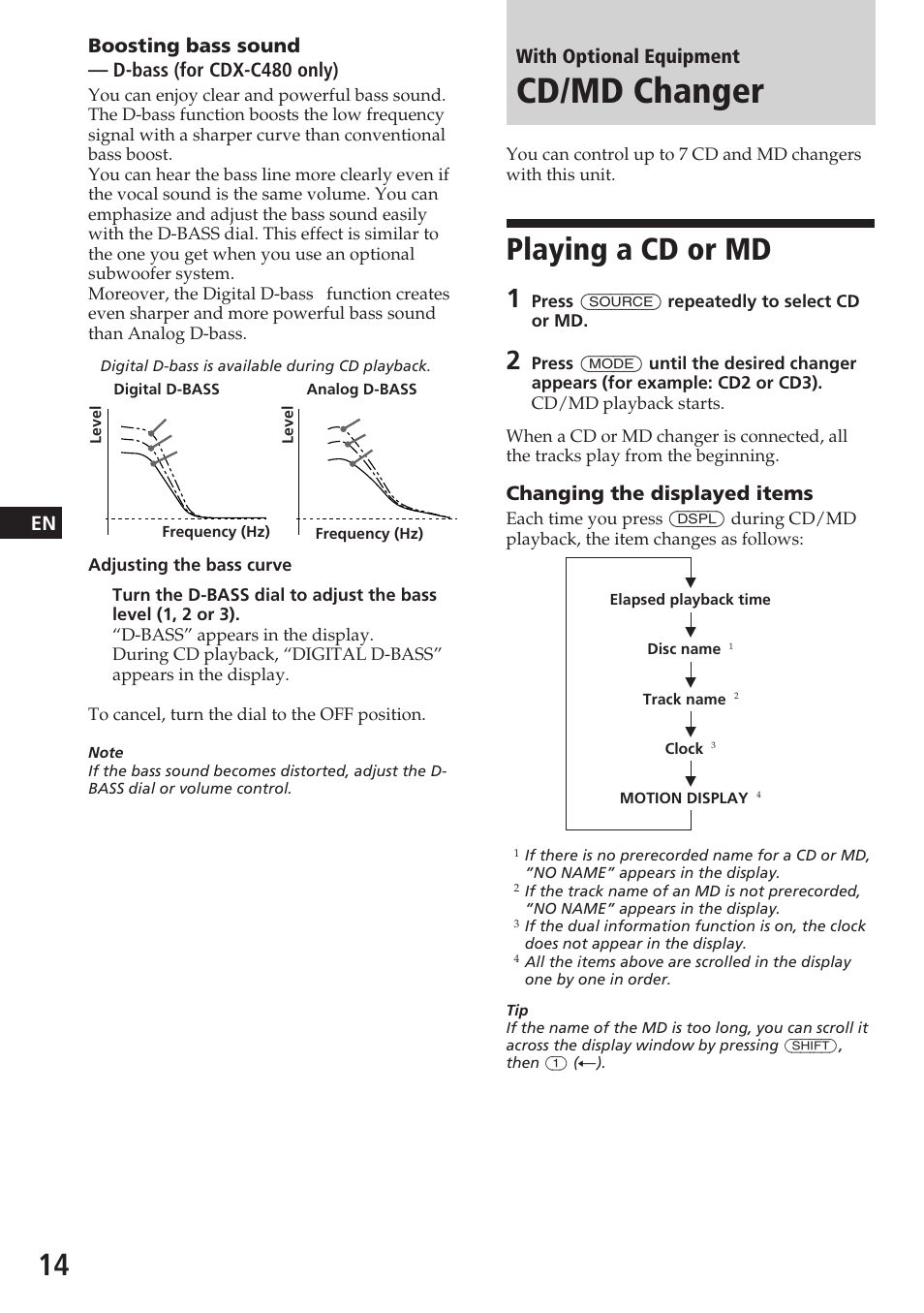 Cd/md changer, Playing a cd or md, With optional equipment | Changing the displayed items | Sony CDX-C580 User Manual | Page 14 / 28