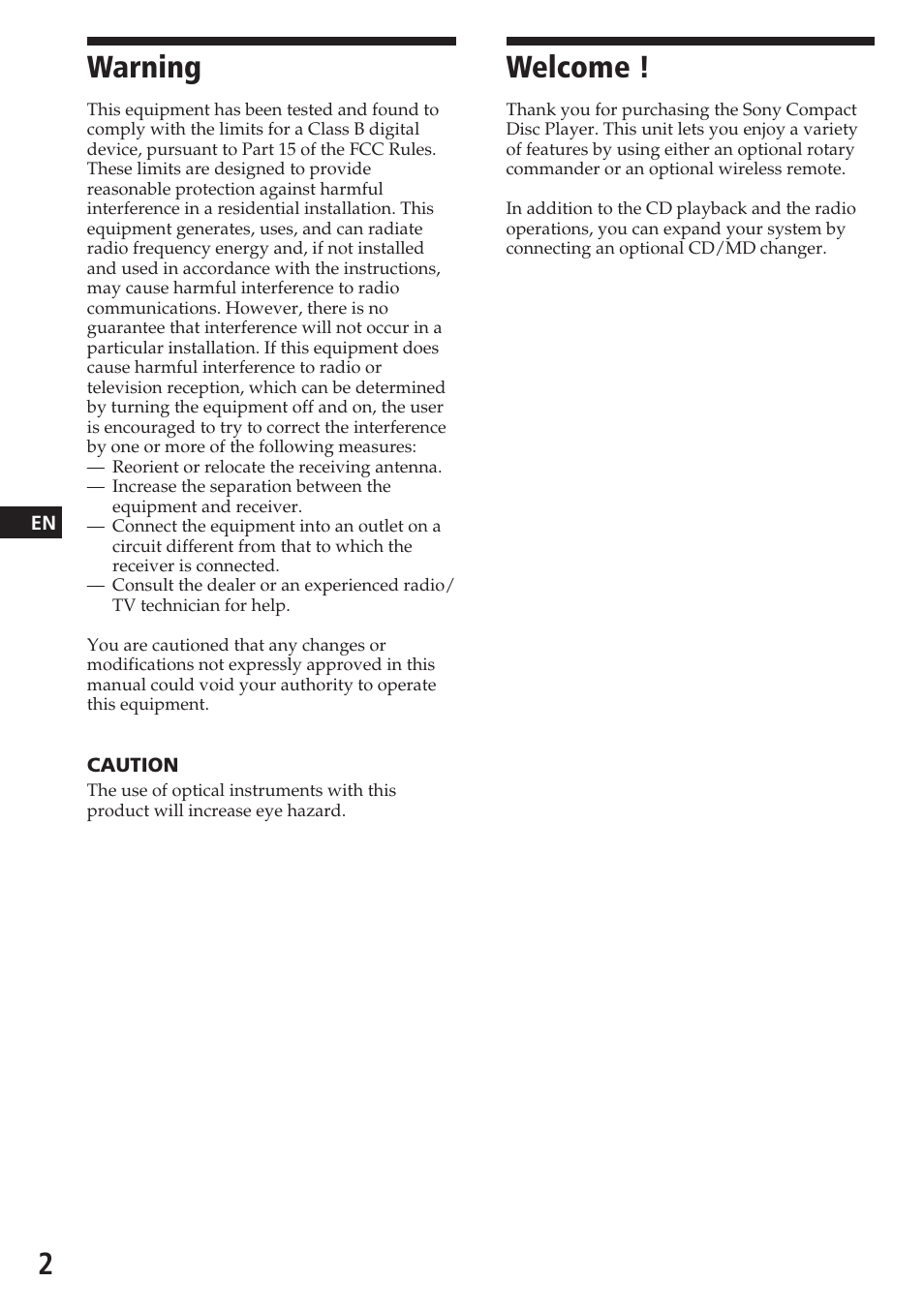 Welcome, Warning | Sony CDX-C580 User Manual | Page 2 / 28
