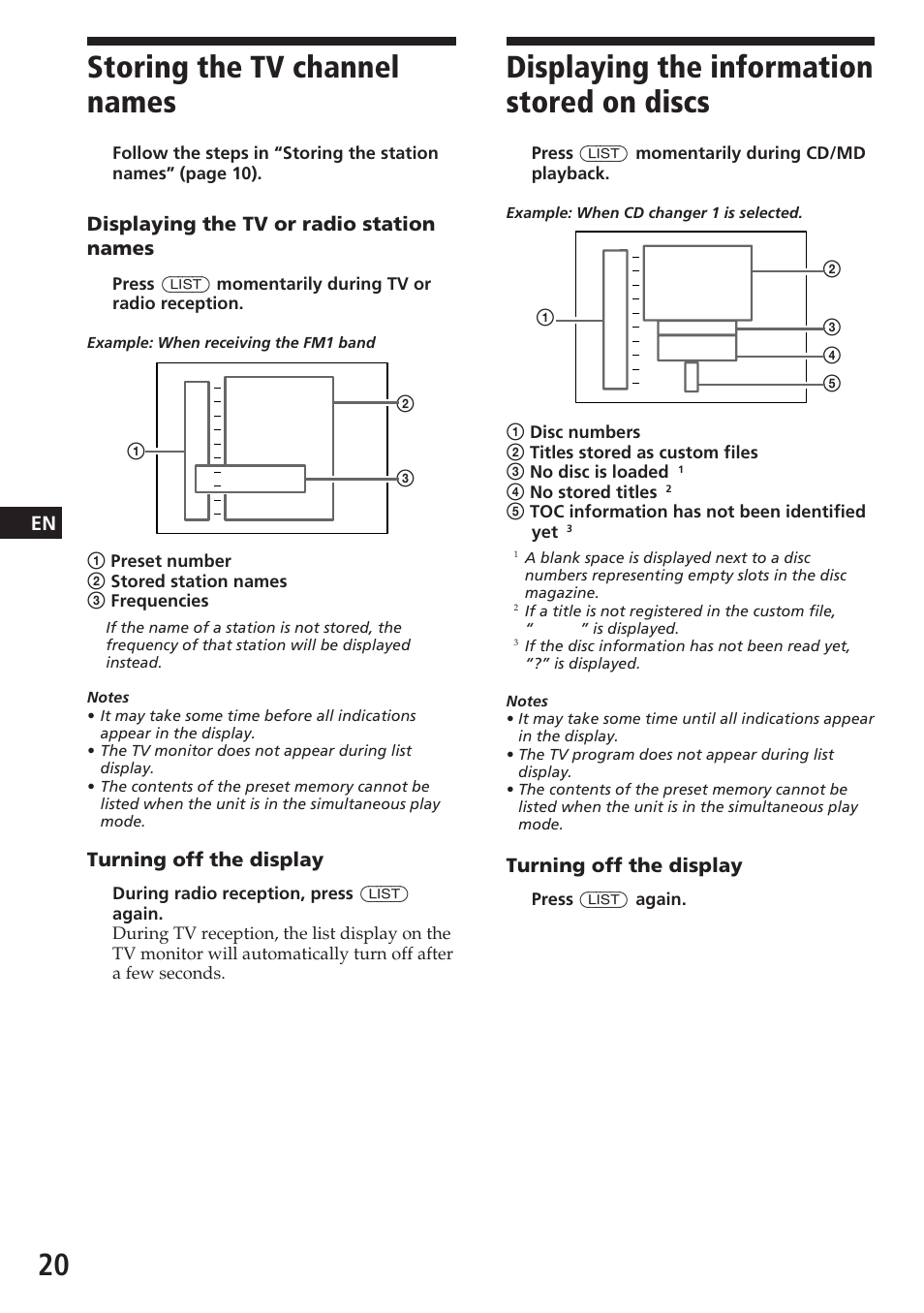 Storing the tv channel names, Displaying the information stored on discs, Displaying the tv or radio station names | Turning off the display | Sony CDX-C580 User Manual | Page 20 / 28