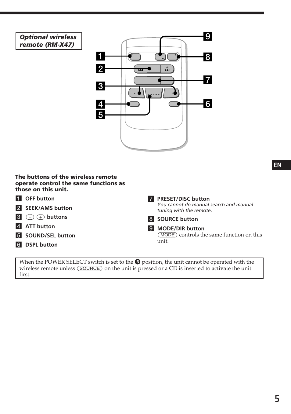 En optional wireless remote (rm-x47) | Sony CDX-C580 User Manual | Page 5 / 28
