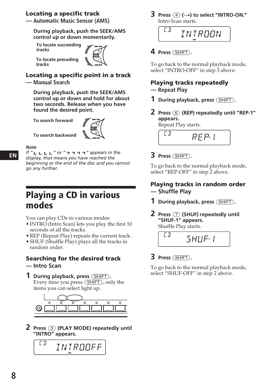 Playing a cd in various modes, Rep1 | Sony CDX-C580 User Manual | Page 8 / 28