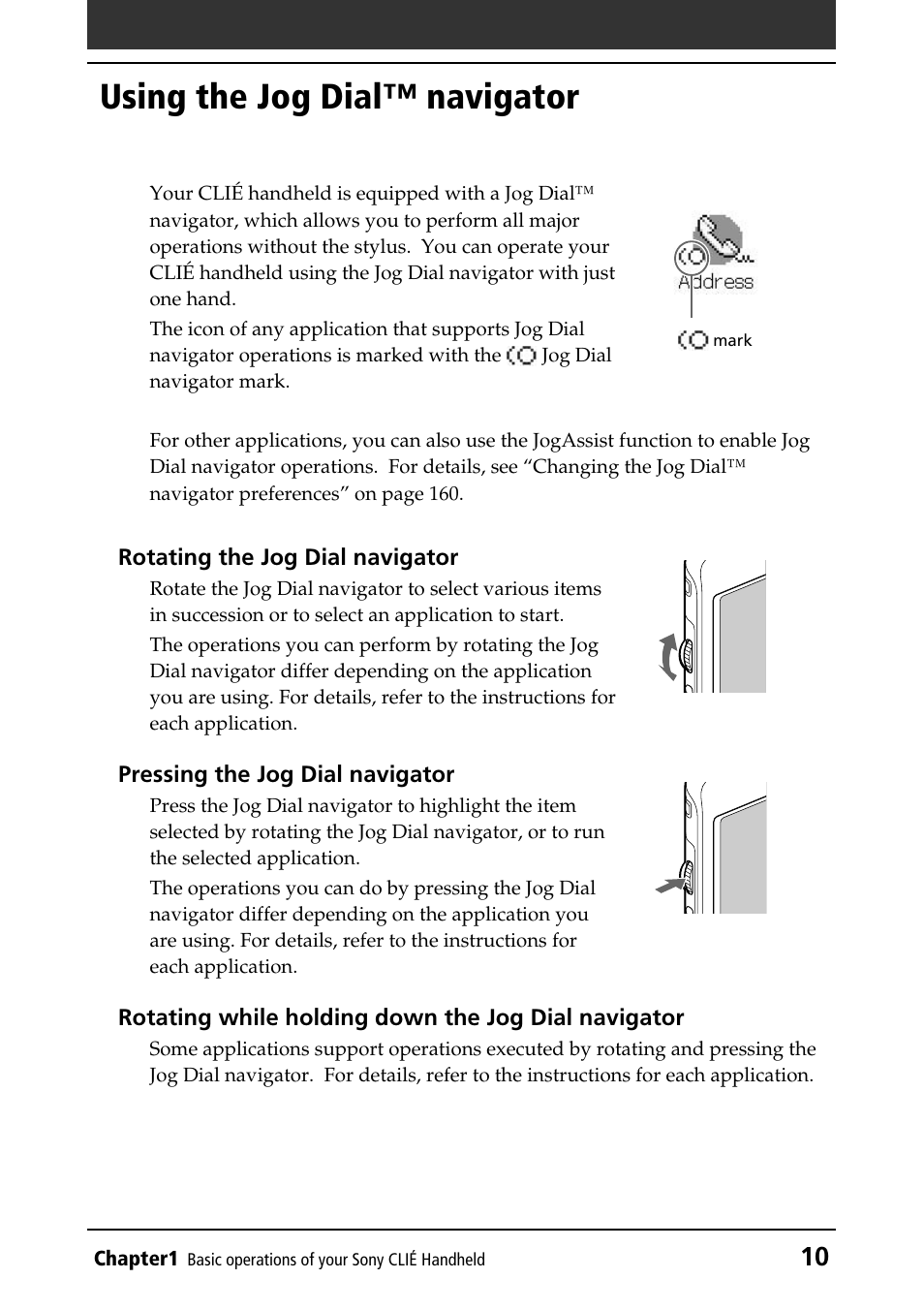 Using the jog dial™ navigator | Sony PEG-T415 User Manual | Page 10 / 223