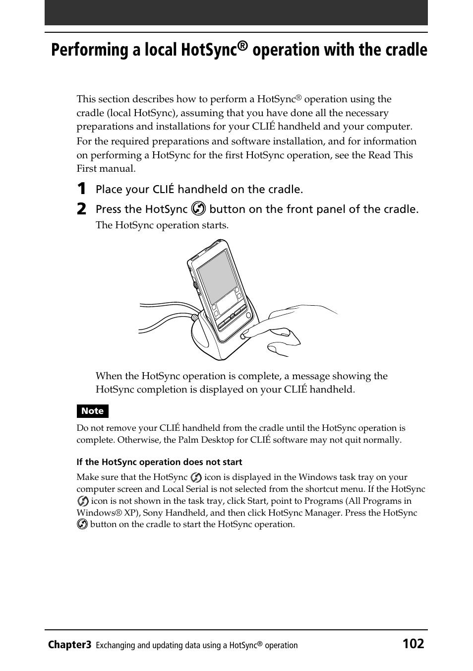 Performing a local hotsync, Operation, With the cradle | Operation with the cradle | Sony PEG-T415 User Manual | Page 102 / 223