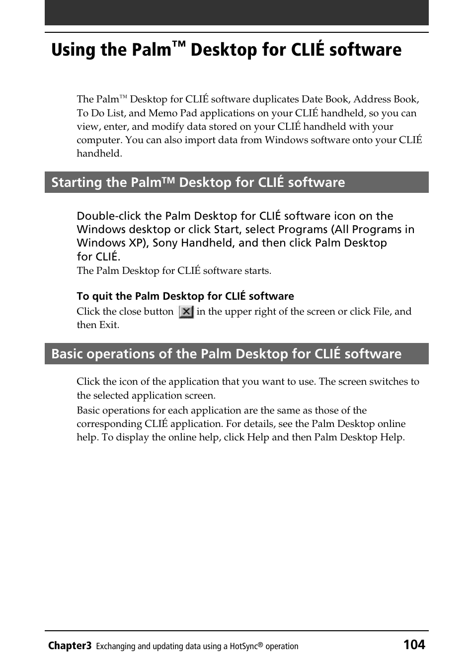 Using the palm™ desktop for clié software, Starting the palmtm desktop for clié software, Starting the palm | Desktop for clié, Software, Using the palm, Desktop for clié software | Sony PEG-T415 User Manual | Page 104 / 223