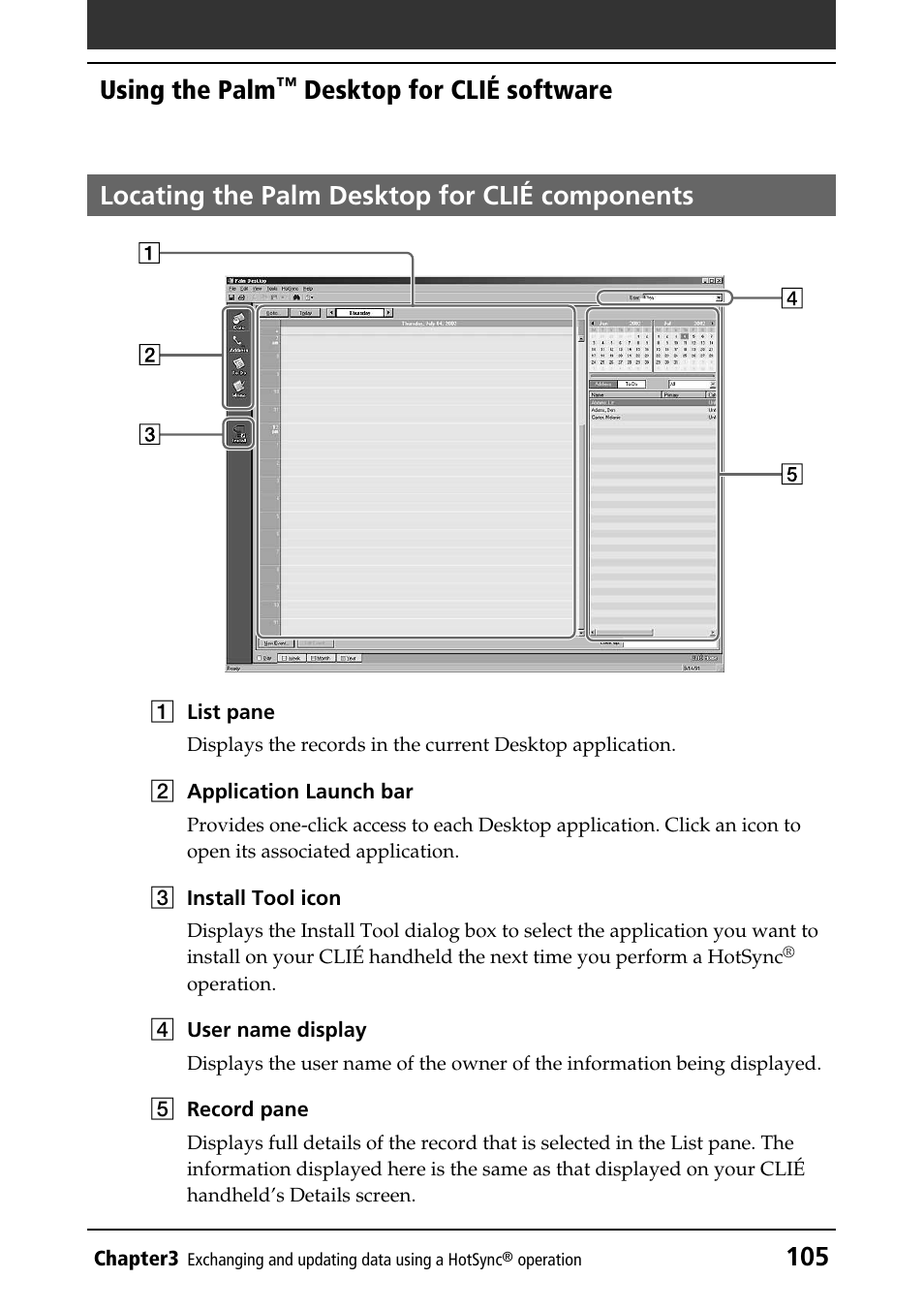 Locating the palm desktop for clié components, 105 using the palm | Sony PEG-T415 User Manual | Page 105 / 223