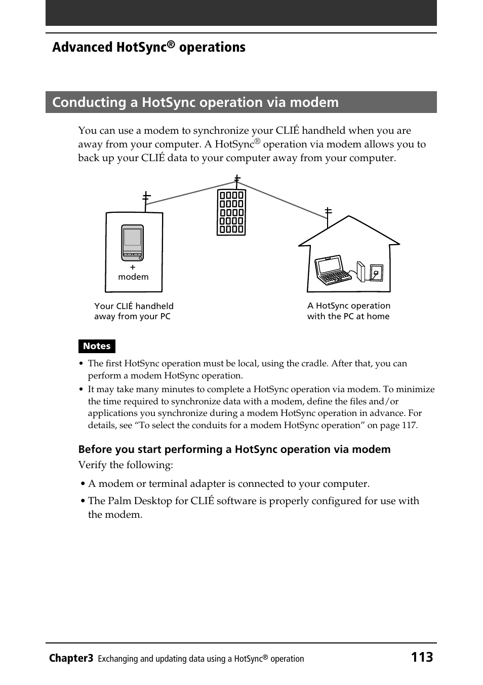 Conducting a hotsync operation via modem, 113 advanced hotsync | Sony PEG-T415 User Manual | Page 113 / 223