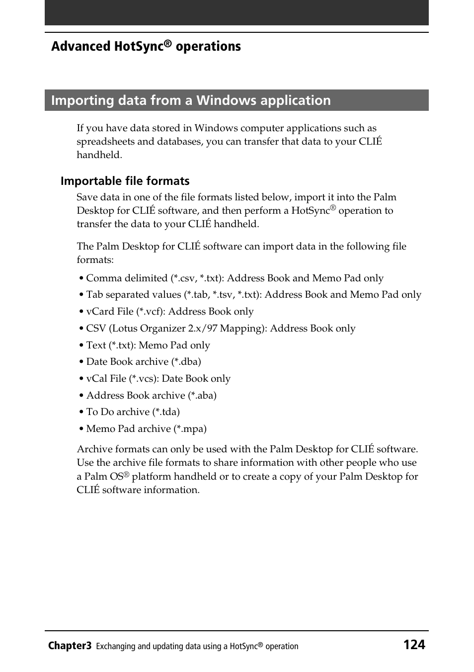 Importing data from a windows application, 124 advanced hotsync | Sony PEG-T415 User Manual | Page 124 / 223