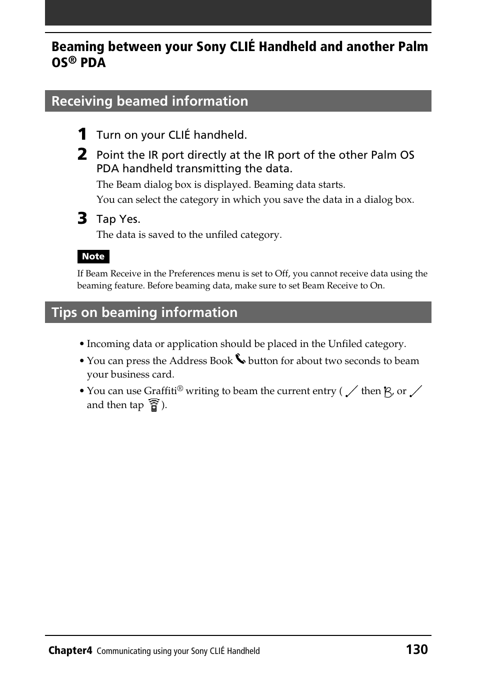 Receiving beamed information, Tips on beaming information, Pda receiving beamed information | Sony PEG-T415 User Manual | Page 130 / 223