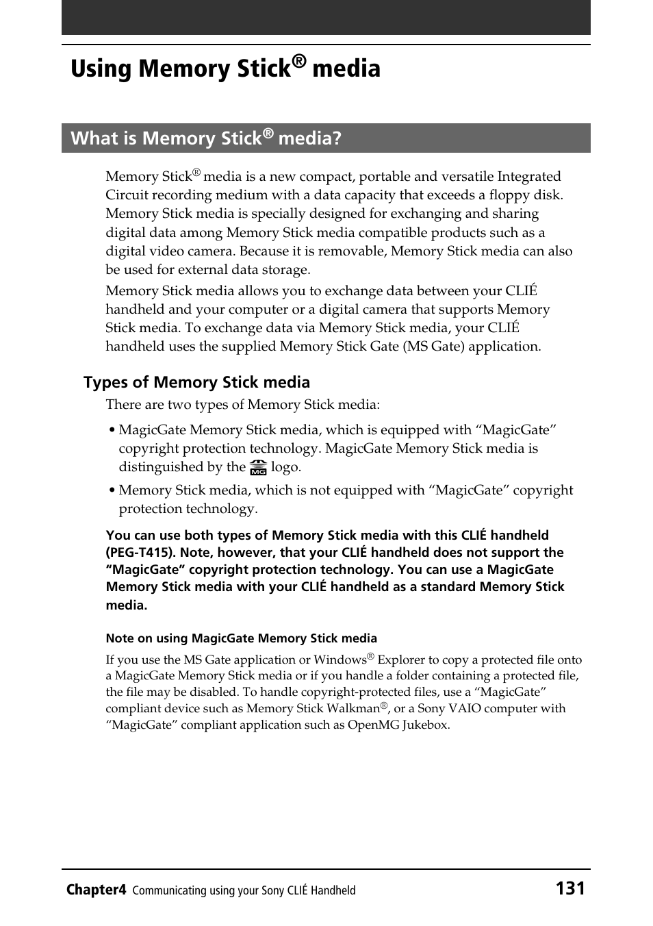 Using memory stick® media, What is memory stick® media, Using memory stick | Media, What is memory stick | Sony PEG-T415 User Manual | Page 131 / 223