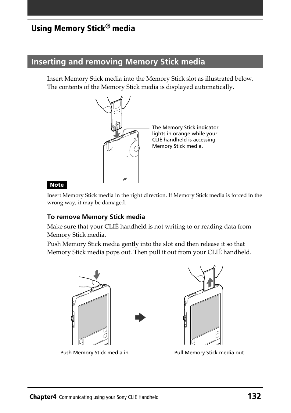 Inserting and removing memory stick media | Sony PEG-T415 User Manual | Page 132 / 223