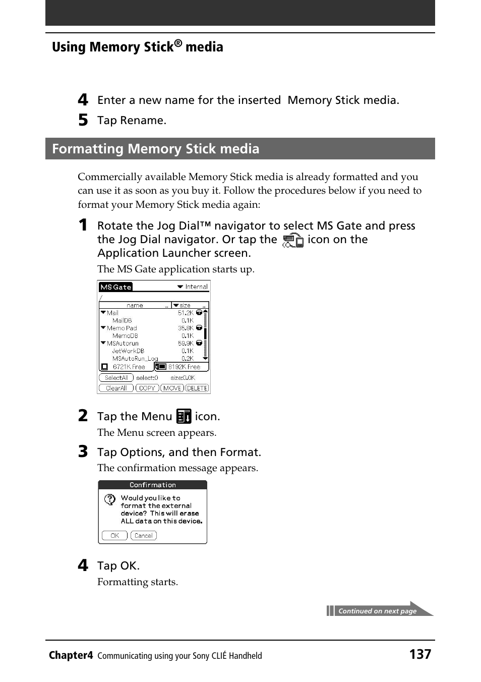 Formatting memory stick media | Sony PEG-T415 User Manual | Page 137 / 223