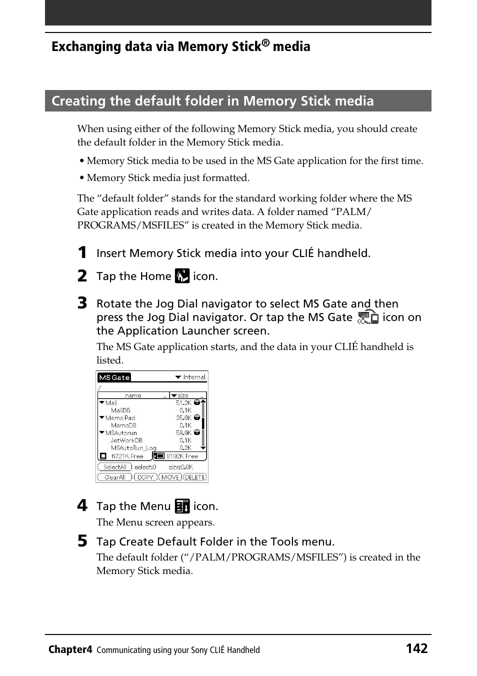 Creating the default folder in memory stick media | Sony PEG-T415 User Manual | Page 142 / 223