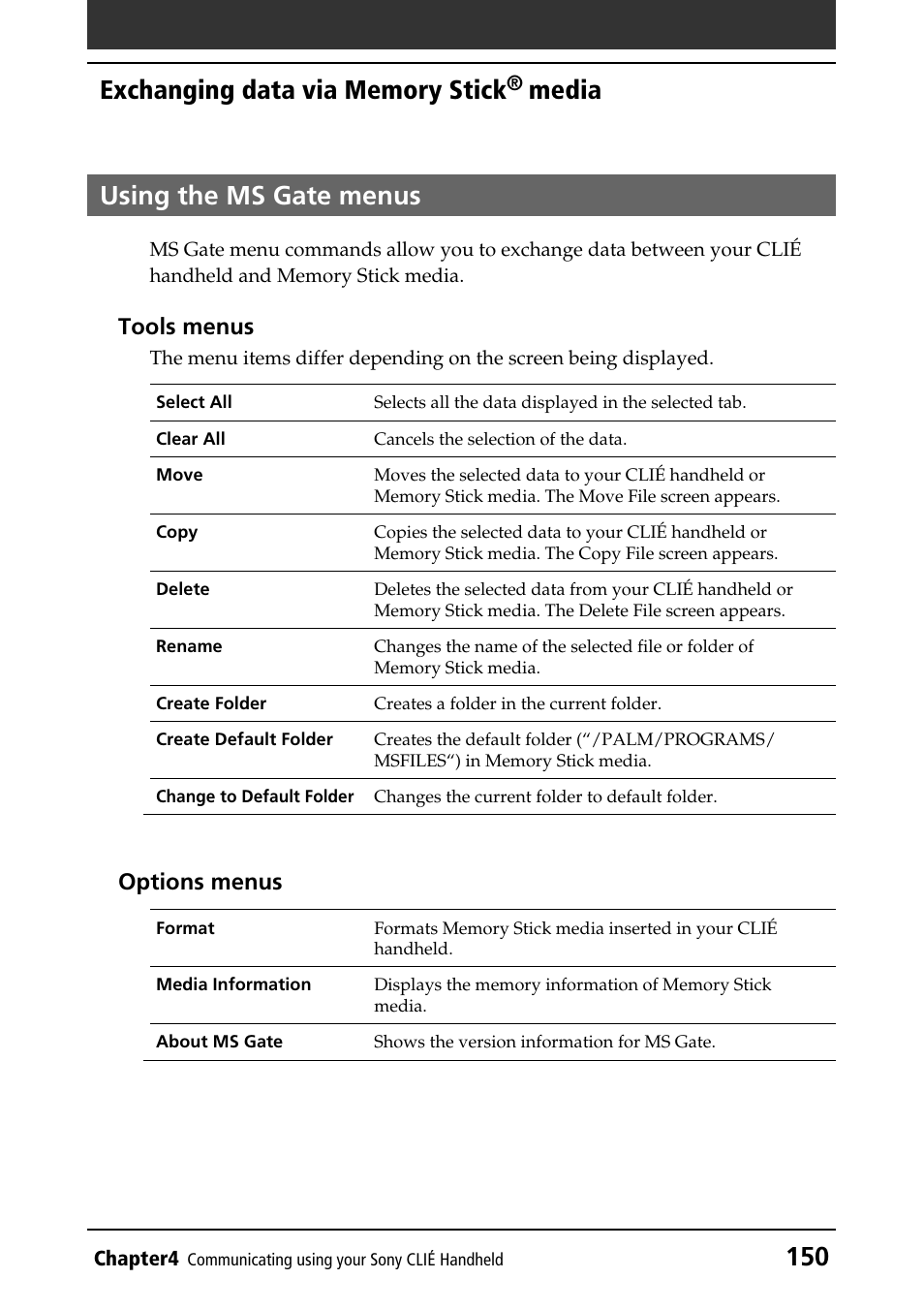 Using the ms gate menus, Media using the ms gate menus | Sony PEG-T415 User Manual | Page 150 / 223