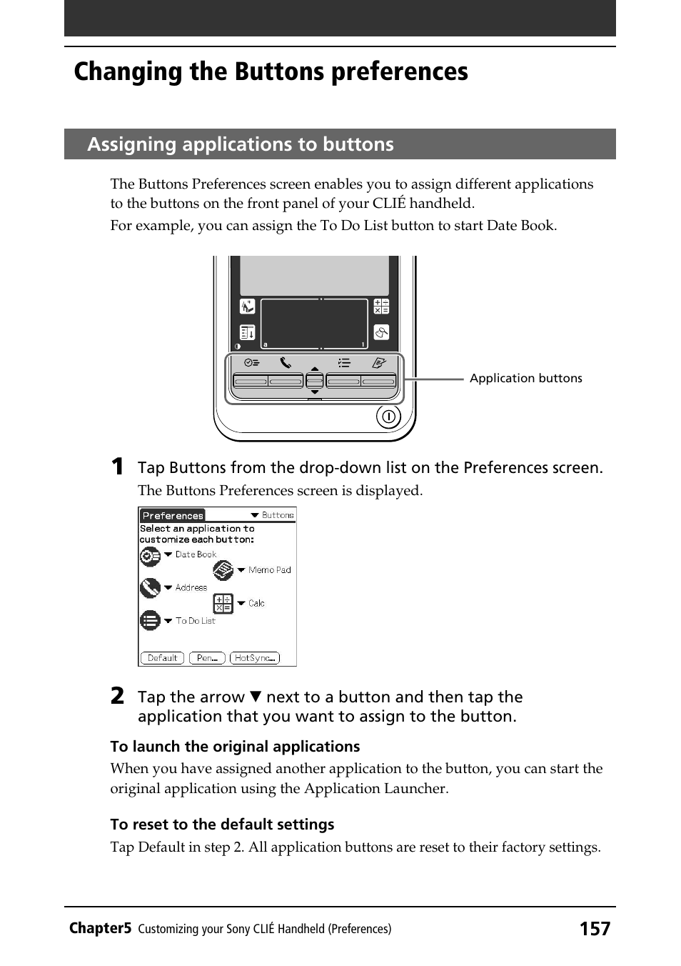 Changing the buttons preferences, Assigning applications to buttons | Sony PEG-T415 User Manual | Page 157 / 223
