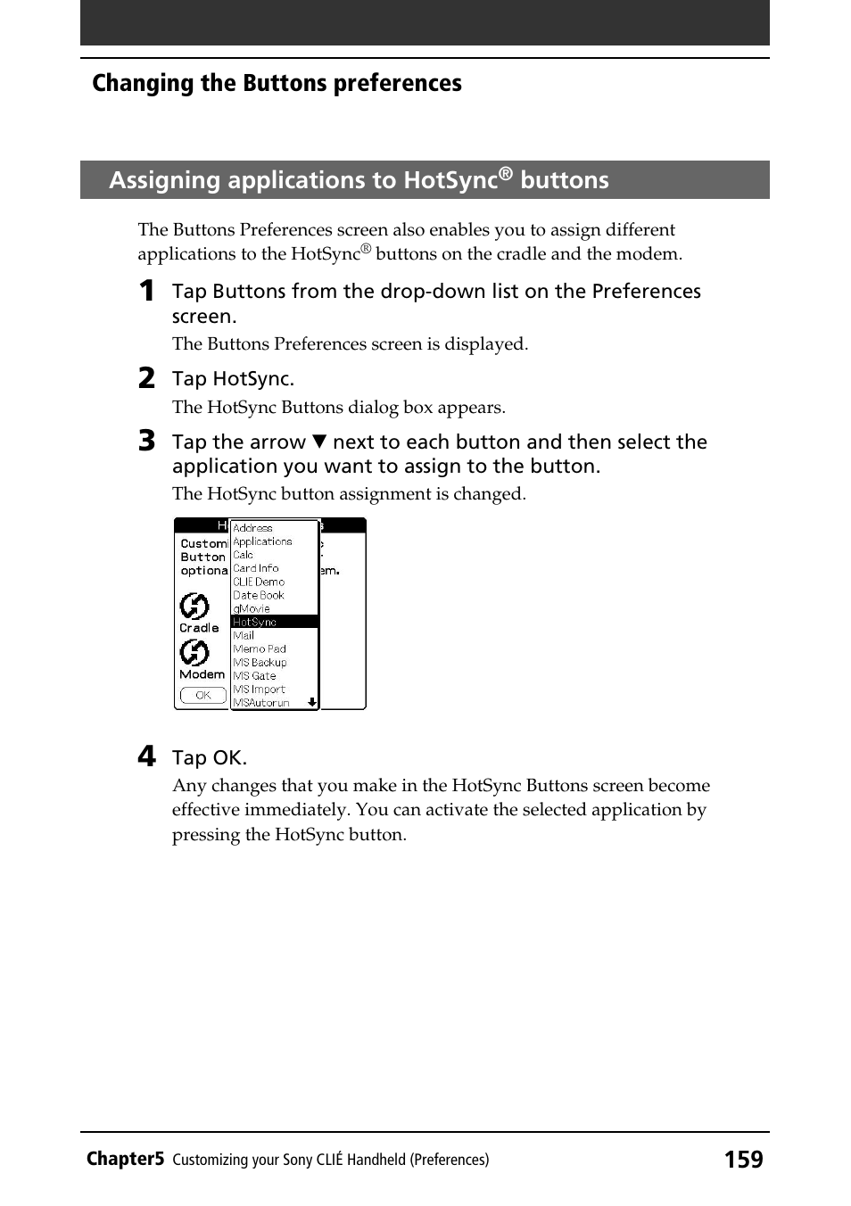 Assigning applications to hotsync® buttons, Assigning applications to hotsync, Buttons | Sony PEG-T415 User Manual | Page 159 / 223