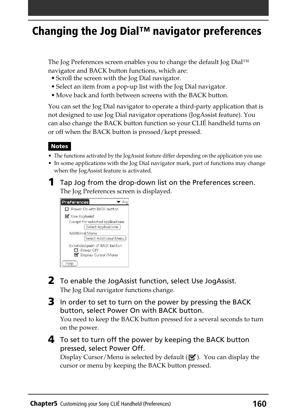 Changing the jog dial™ navigator preferences | Sony PEG-T415 User Manual | Page 160 / 223