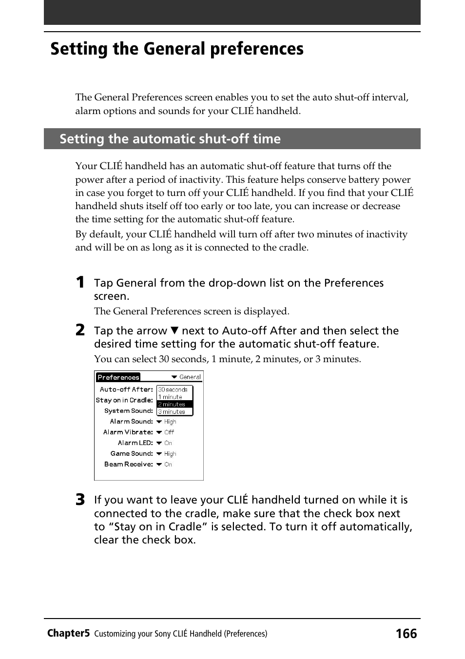 Setting the general preferences, Setting the automatic shut-off time | Sony PEG-T415 User Manual | Page 166 / 223