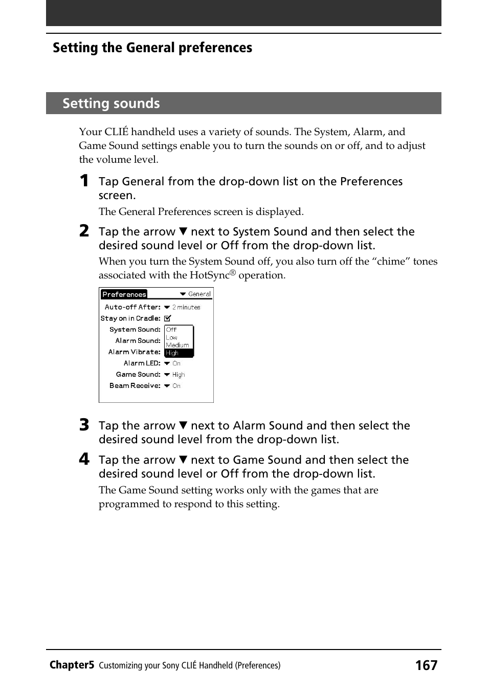 Setting sounds | Sony PEG-T415 User Manual | Page 167 / 223