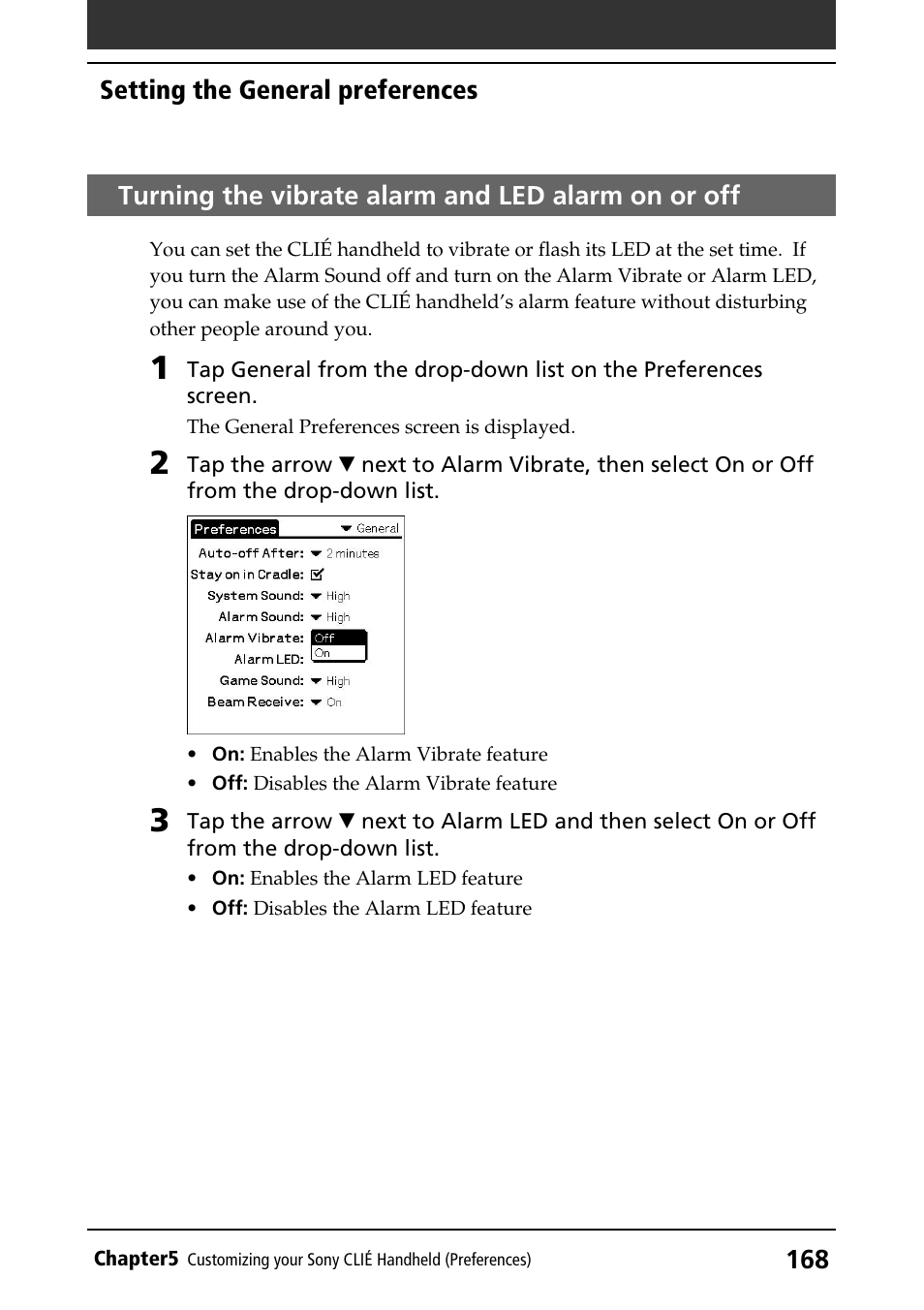 Turning the vibrate alarm and led alarm on or off | Sony PEG-T415 User Manual | Page 168 / 223