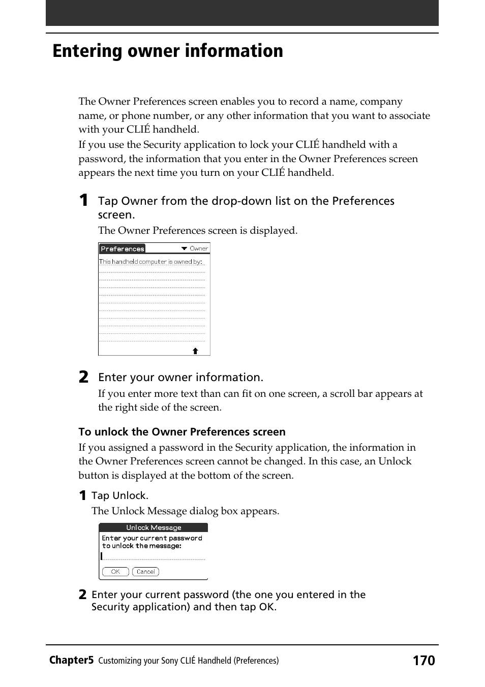 Entering owner information | Sony PEG-T415 User Manual | Page 170 / 223