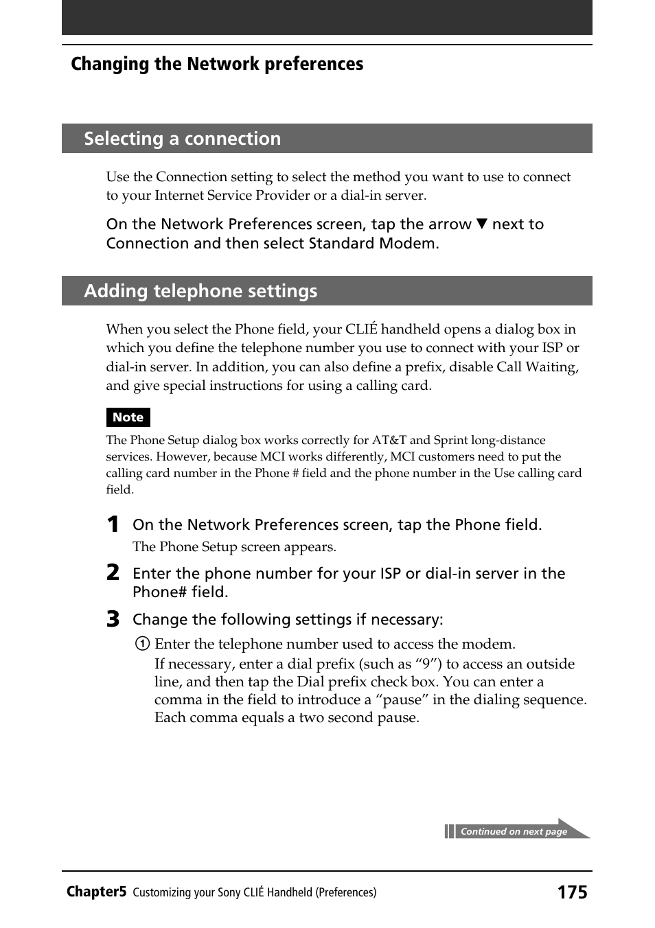 Selecting a connection, Adding telephone settings, Changing the network preferences | Sony PEG-T415 User Manual | Page 175 / 223