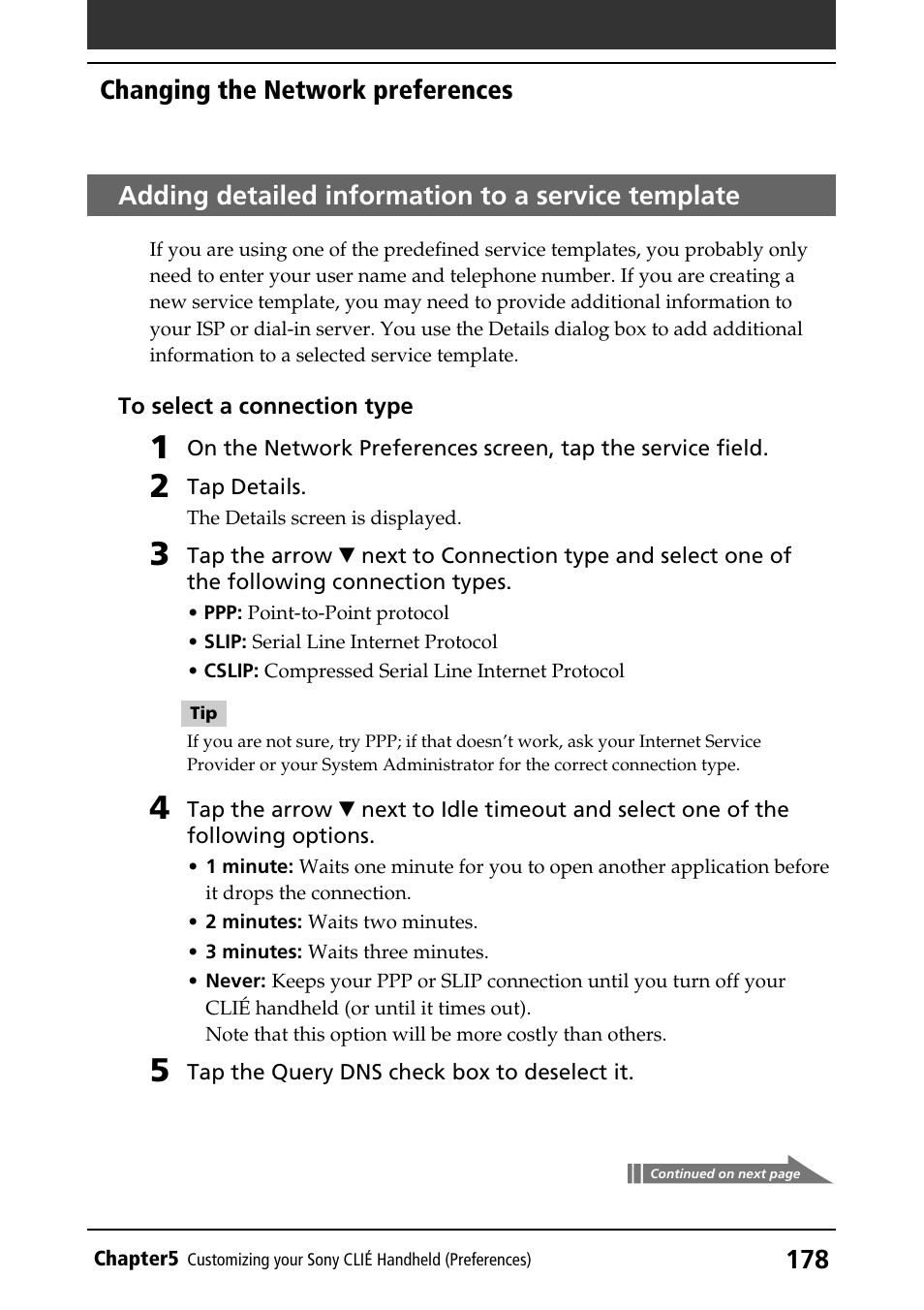 Adding detailed information to a service template, Changing the network preferences | Sony PEG-T415 User Manual | Page 178 / 223