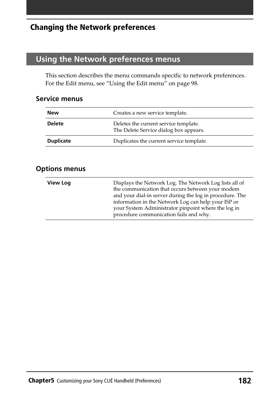 Using the network preferences menus, Using the network preferences menus 182, Changing the network preferences | Sony PEG-T415 User Manual | Page 182 / 223