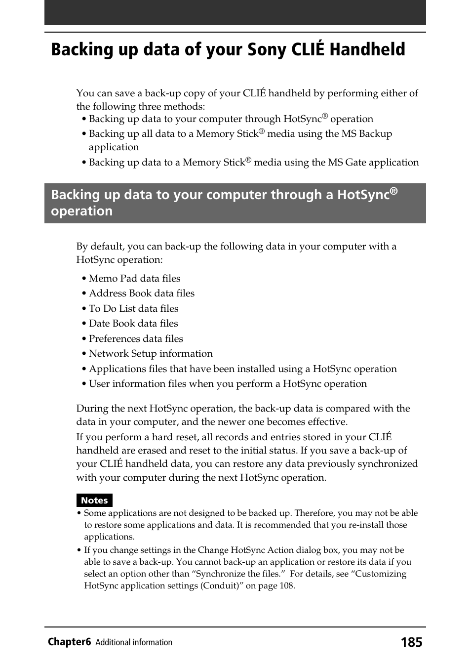 Backing up data of your sony clié handheld, Backing up data to your computer through a hotsync, Operation | Sony PEG-T415 User Manual | Page 185 / 223