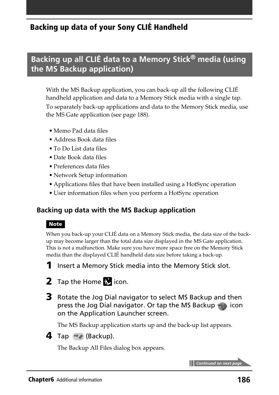 Backing up all clié data to a memory stick, Media (using the ms backup, Application) | Media (using the ms backup application), Backing up data of your sony clié handheld | Sony PEG-T415 User Manual | Page 186 / 223