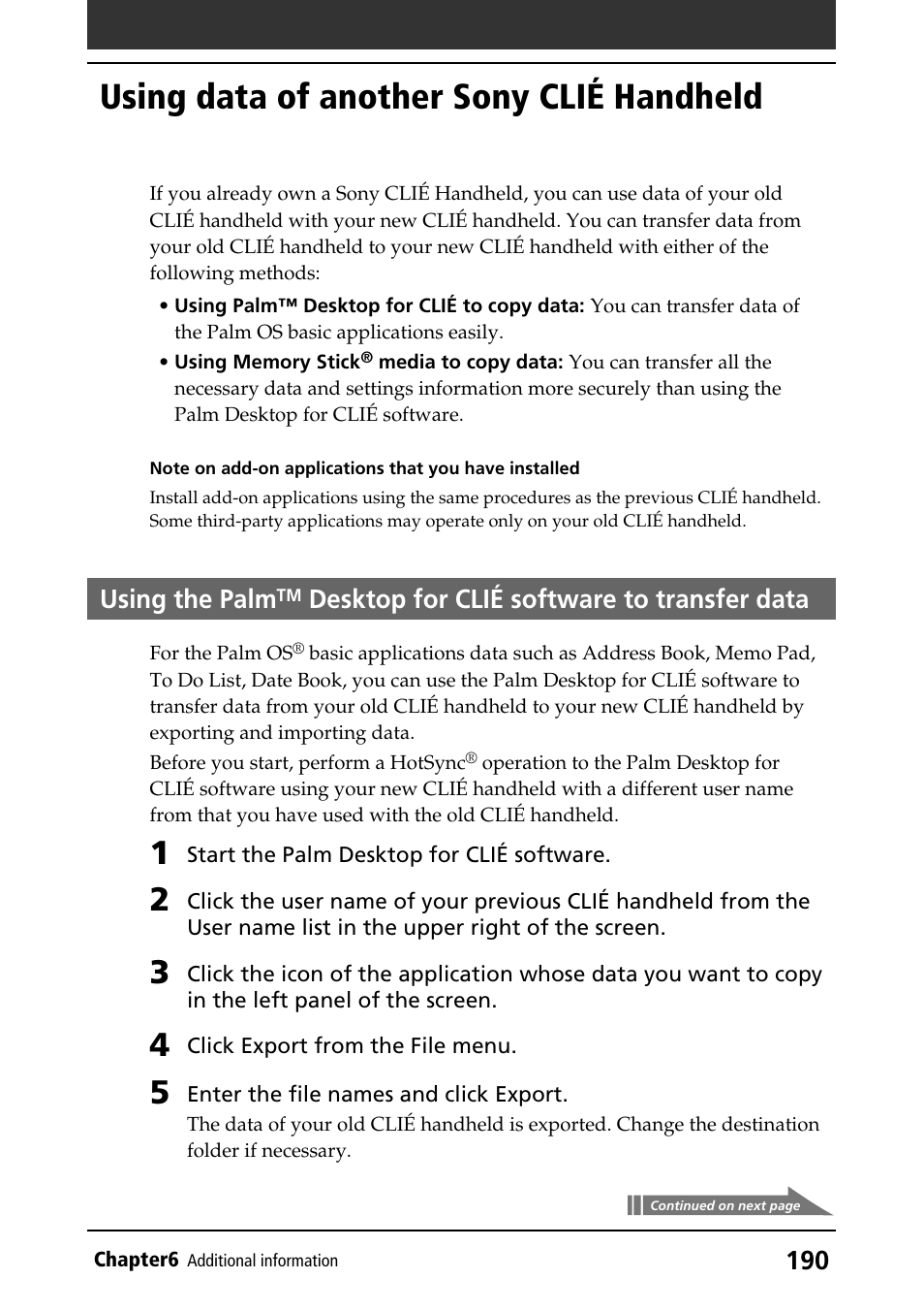 Using data of another sony clié handheld, Using data of another sony clié handheld190, Using the palm | Desktop for clié, Software to transfer data, Desktop for clié software to transfer data | Sony PEG-T415 User Manual | Page 190 / 223