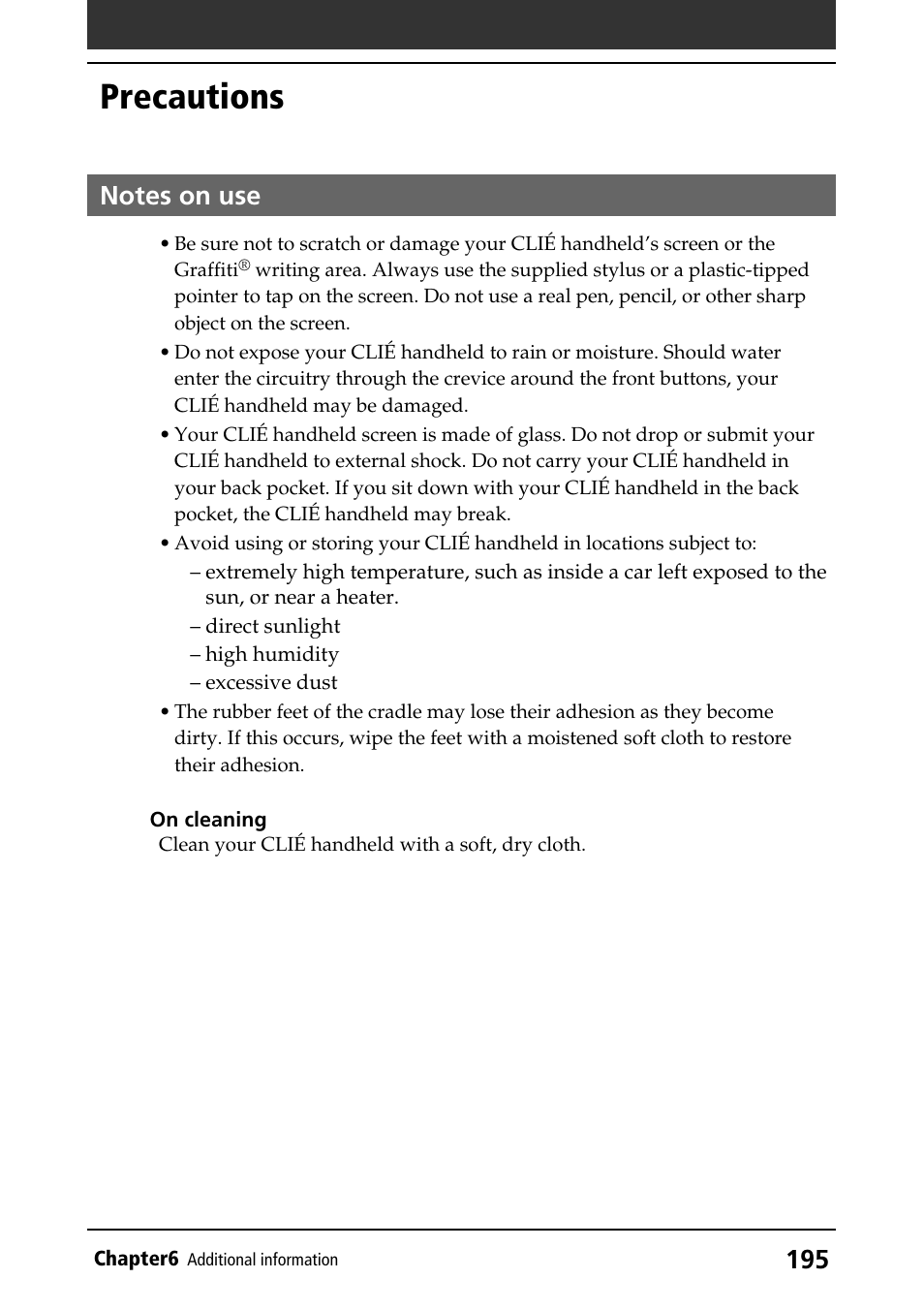 Precautions, Notes on use | Sony PEG-T415 User Manual | Page 195 / 223