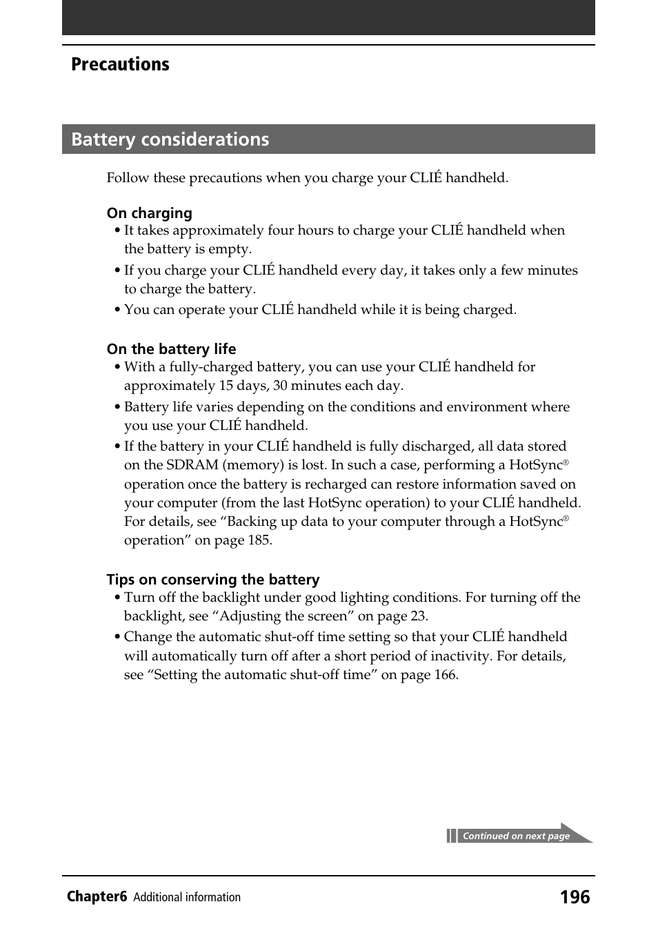 Battery considerations, Precautions | Sony PEG-T415 User Manual | Page 196 / 223