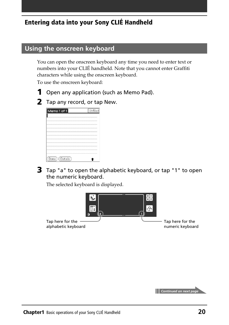 Using the onscreen keyboard | Sony PEG-T415 User Manual | Page 20 / 223