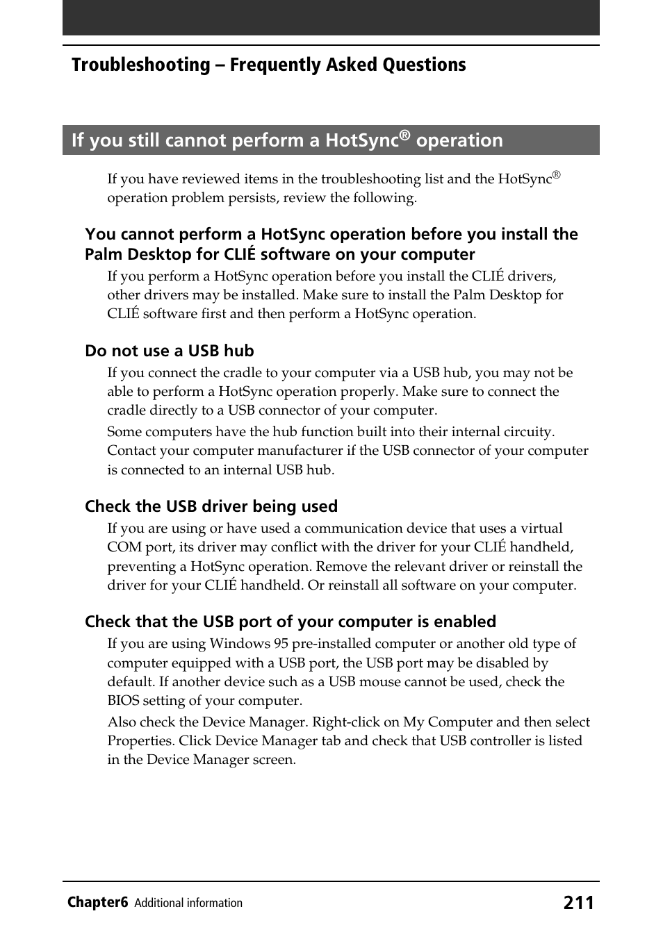 If you still cannot perform a hotsync® operation, If you still cannot perform a hotsync, Operation | Sony PEG-T415 User Manual | Page 211 / 223