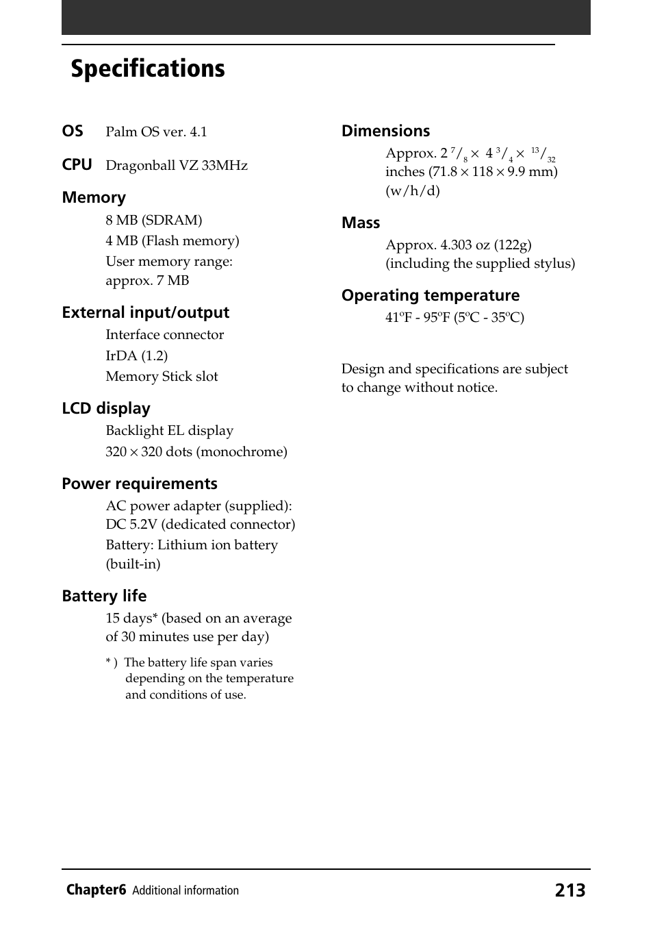 Specifications | Sony PEG-T415 User Manual | Page 213 / 223