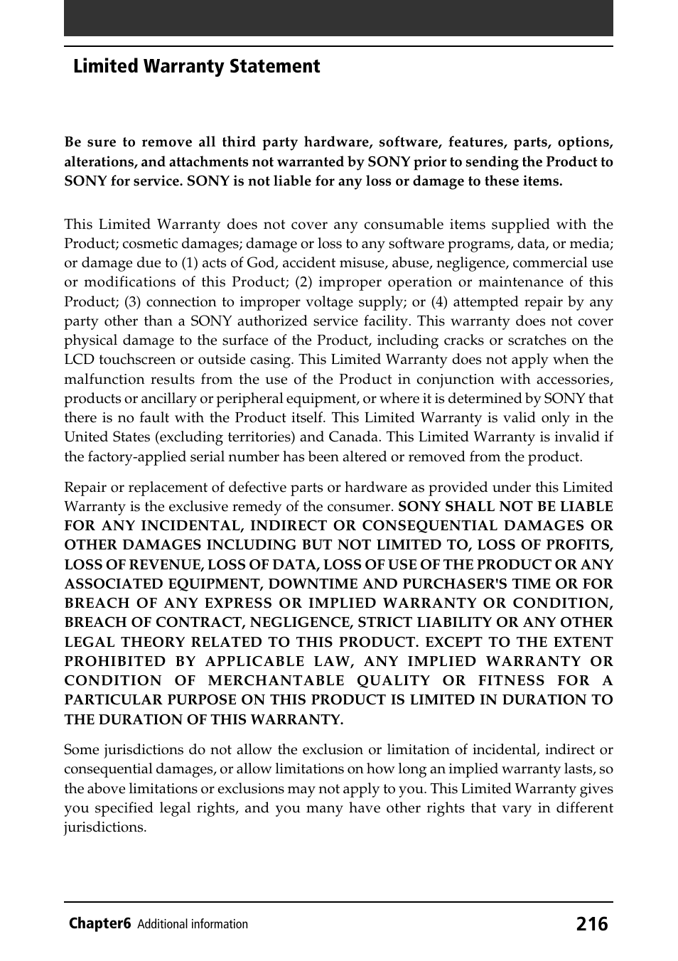 Limited warranty statement | Sony PEG-T415 User Manual | Page 216 / 223