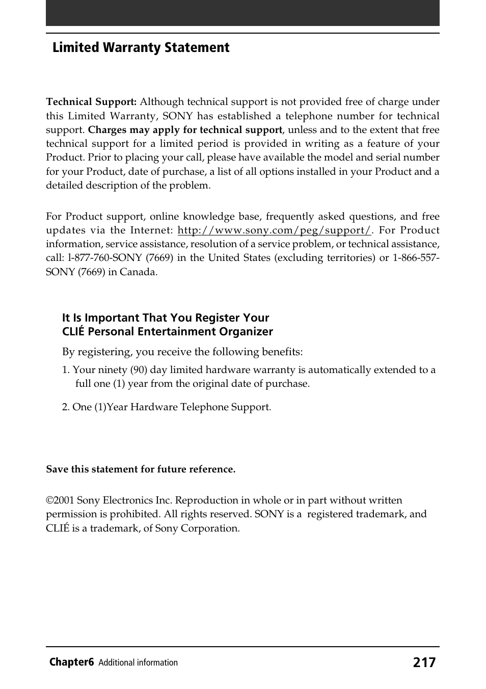 Limited warranty statement | Sony PEG-T415 User Manual | Page 217 / 223