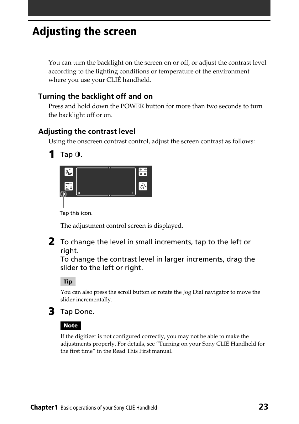 Adjusting the screen | Sony PEG-T415 User Manual | Page 23 / 223