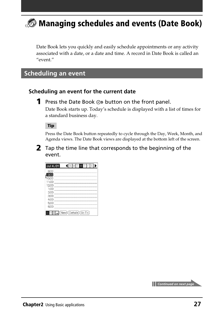 Managing schedules and events (date book), Scheduling an event, Managing schedules and events | Date book) | Sony PEG-T415 User Manual | Page 27 / 223