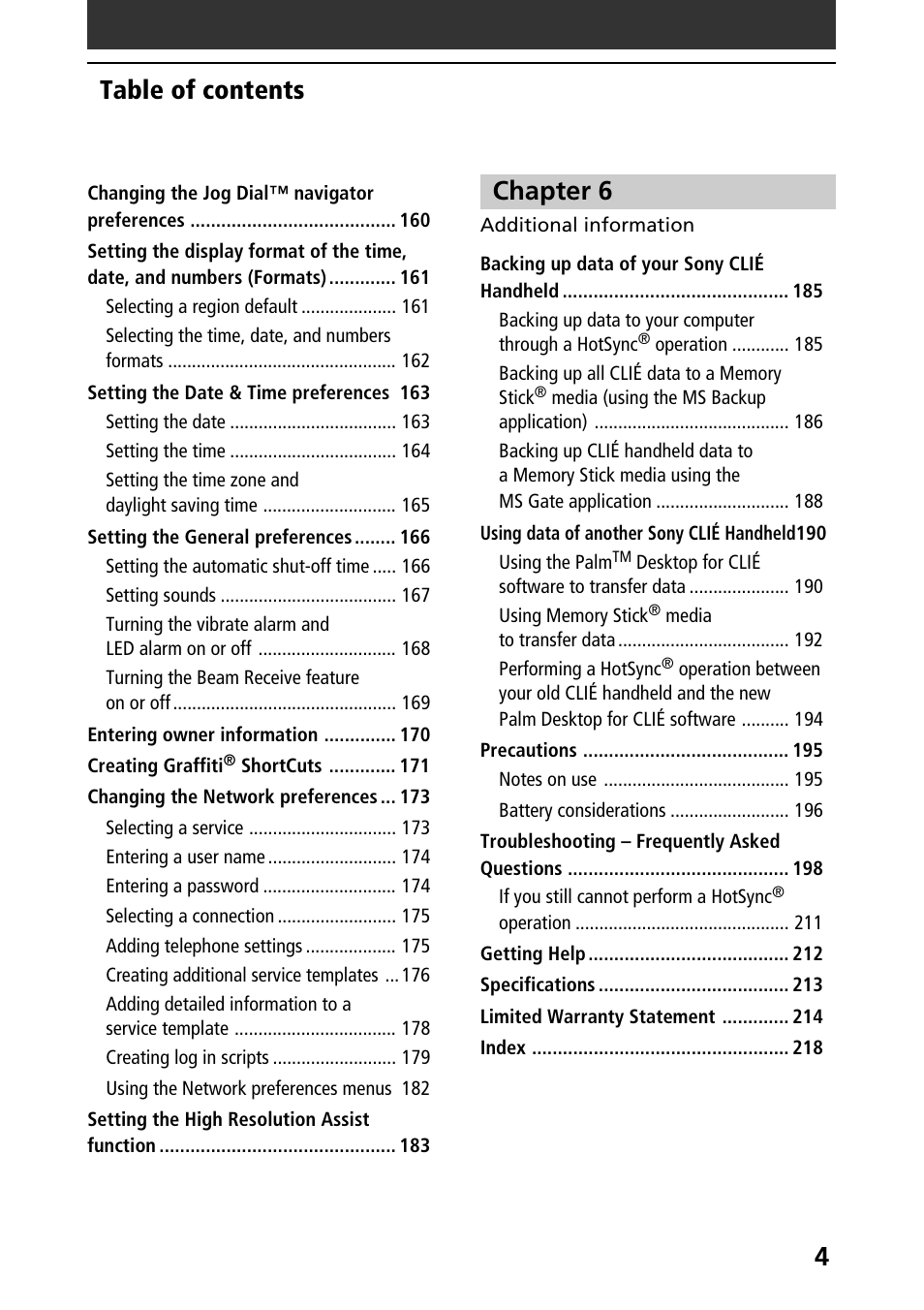 4table of contents, Chapter 6 | Sony PEG-T415 User Manual | Page 4 / 223