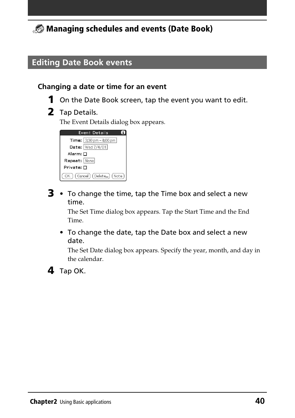 Editing date book events | Sony PEG-T415 User Manual | Page 40 / 223