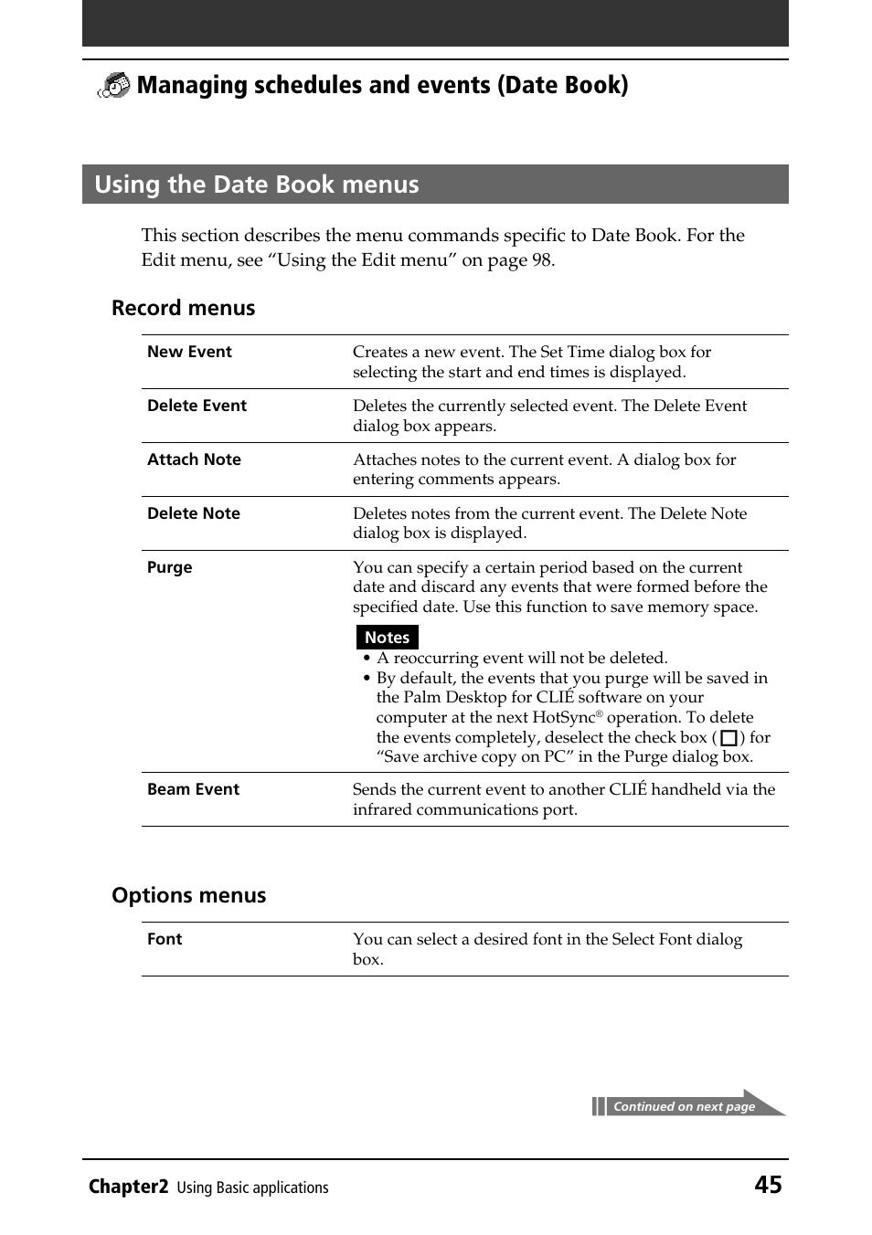 Using the date book menus, 45 managing schedules and events (date book), Record menus | Options menus | Sony PEG-T415 User Manual | Page 45 / 223