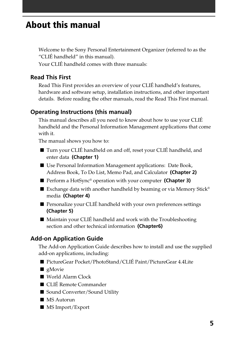 About this manual | Sony PEG-T415 User Manual | Page 5 / 223